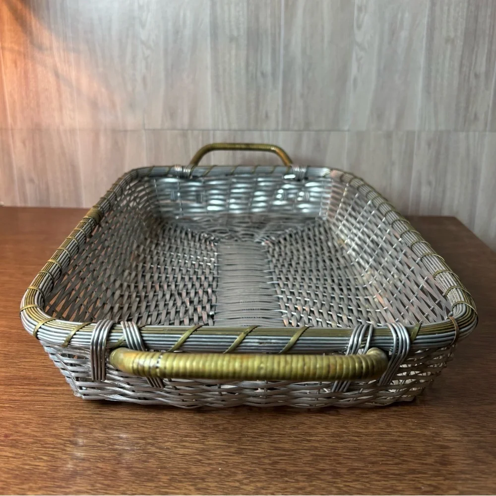Vintage Aluminum And Brass Gray Woven Rectangular Basket with Brass-Tone Handles